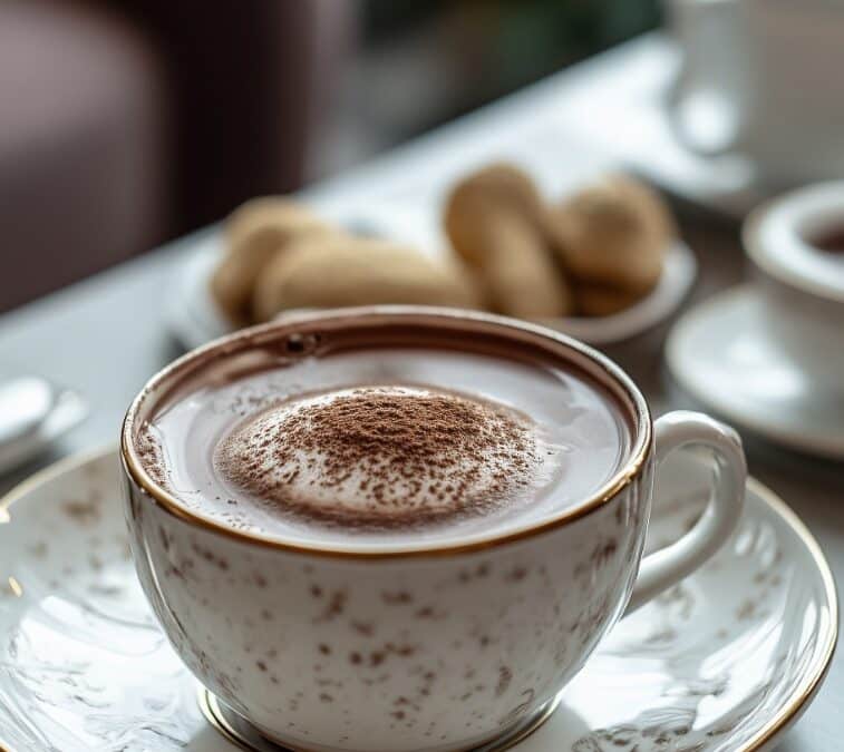 recette de chocolat chaud le cacaotier servi dans une tasse et une soucoupe avec une jolie mousse et de la poudre de cacao
