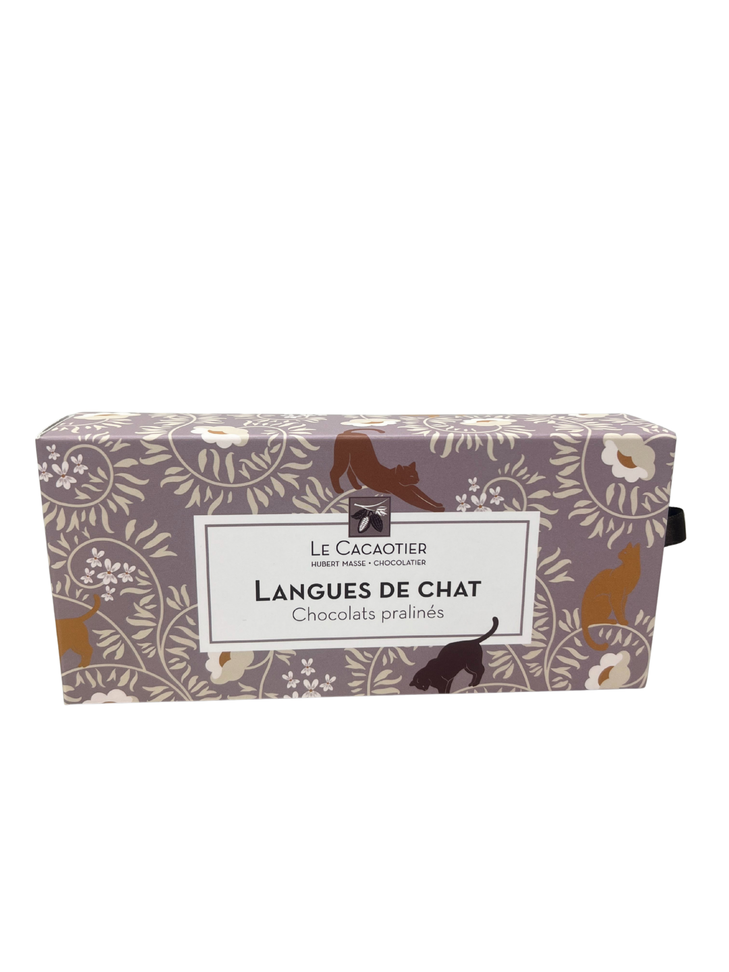 Photo de packshop : lamelles de chocolat coffret langue de chat par la chocolaterie artisanale Le Cacaotier.
